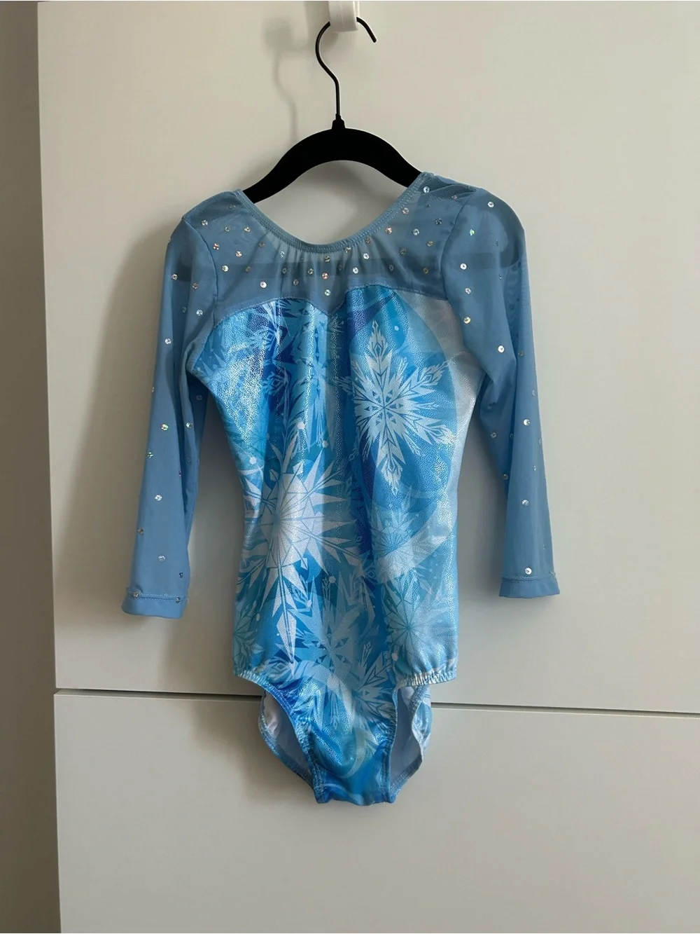 Girls Light Blue Snowflake Leotard with Sheer Sleeves - Size 8